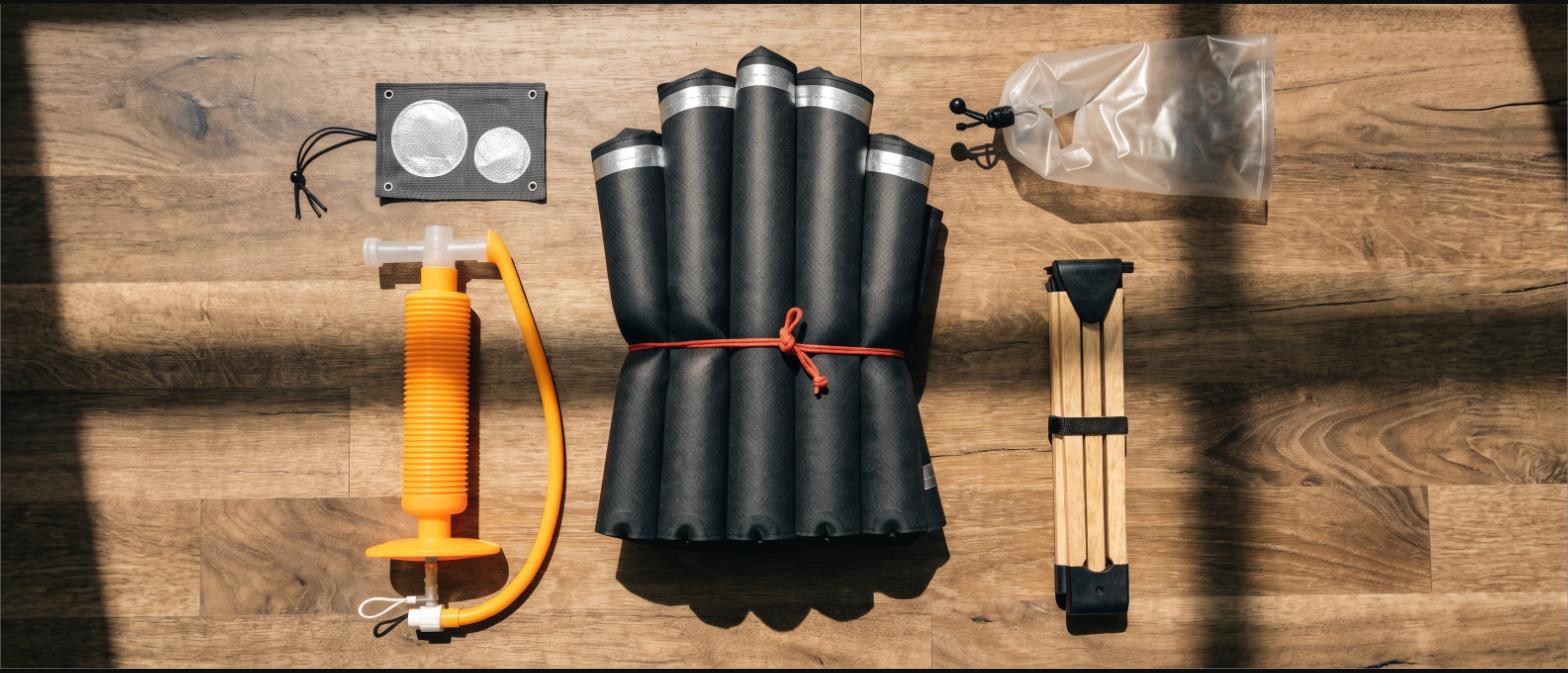 Overhead view of a folded inflatable boat with a hand pump, patch kit, dry bag and compact paddle
