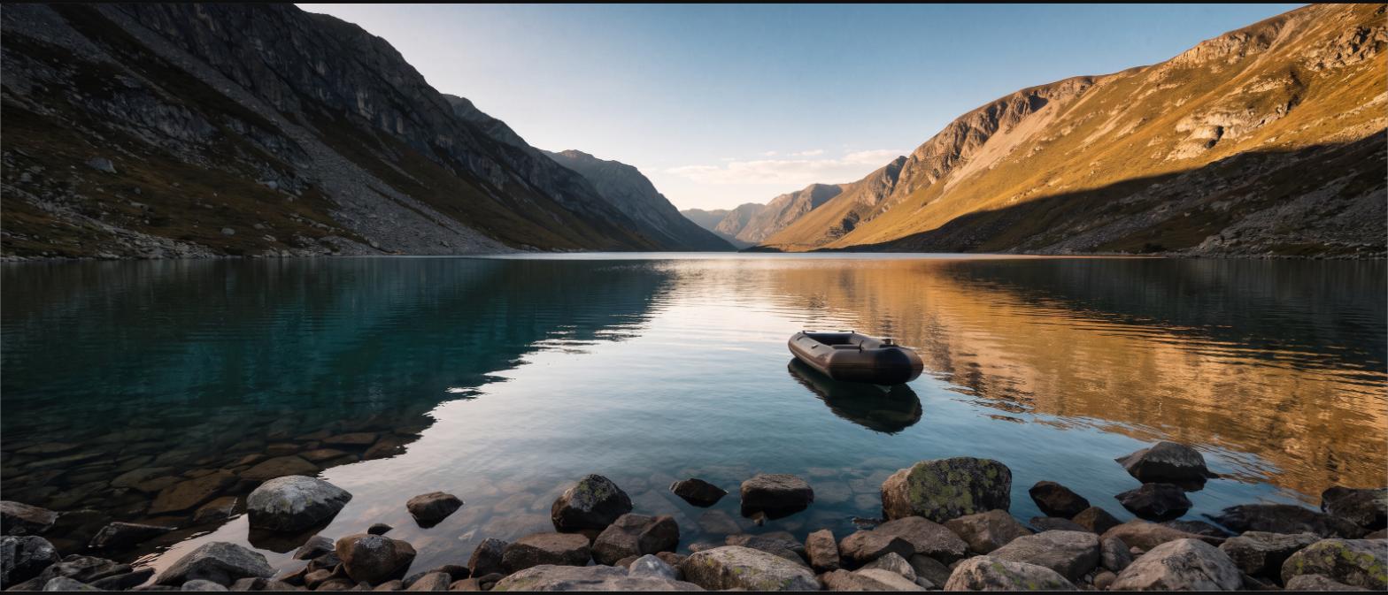 A small inflatable boat on a calm remote mountain lake at golden hour