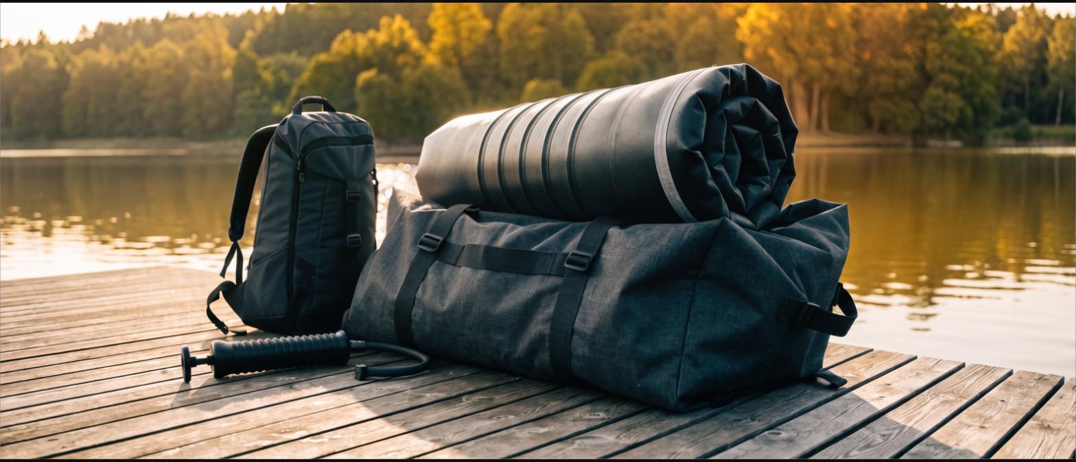 A rolled inflatable boat packed into a carry bag on a dock beside a backpack and hand pump